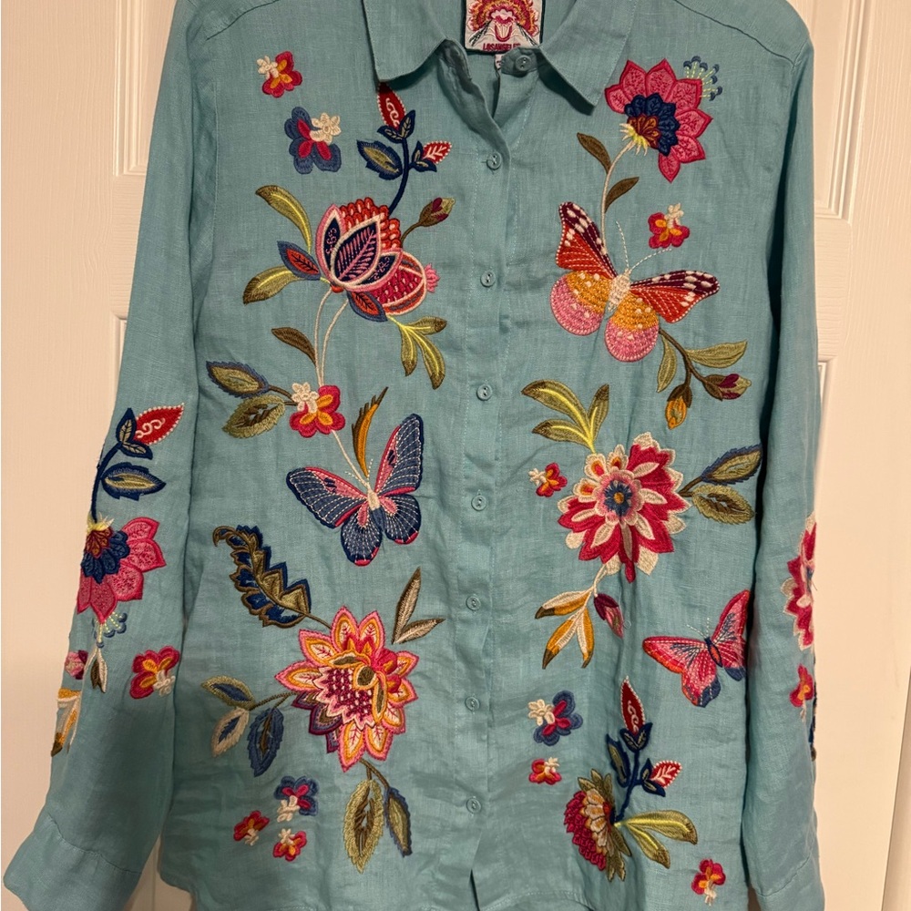 Johnny Was Blue Embellished Long Sleeve Blouse